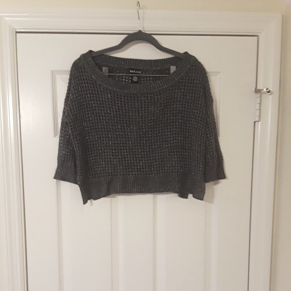 Women's Gray Sparkle Crochet Mid-Sleeve Crop Top